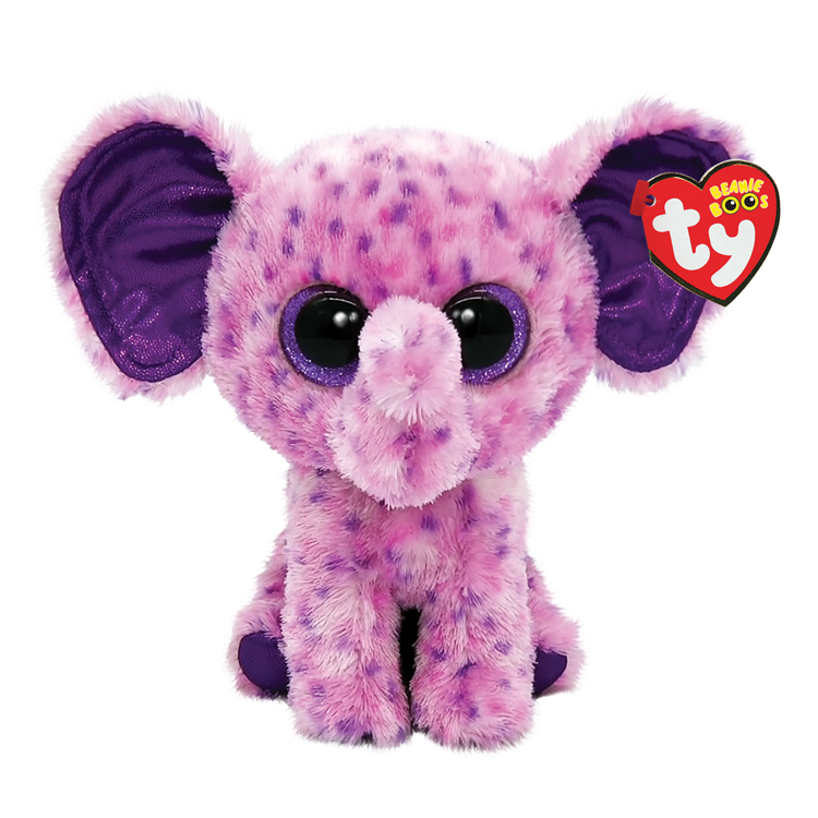 Pink and purple spotted elephant plush toy with TY Beanie Boos on a transparent background