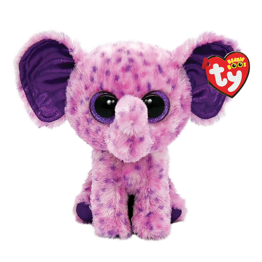Pink and purple spotted elephant plush toy with TY Beanie Boos on a transparent background