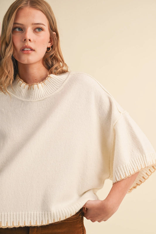 Contrast Blanket Stitch Mock Neck Short Sleeve Sweater in White Beige