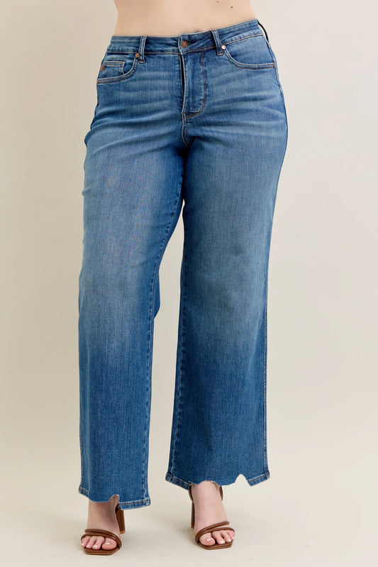 Judy Blue High Waisted Tummy Control Chew Hem Wide Leg Jean