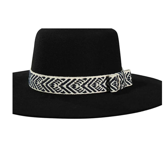 Black fedora hat with a decorative hatband on a white background