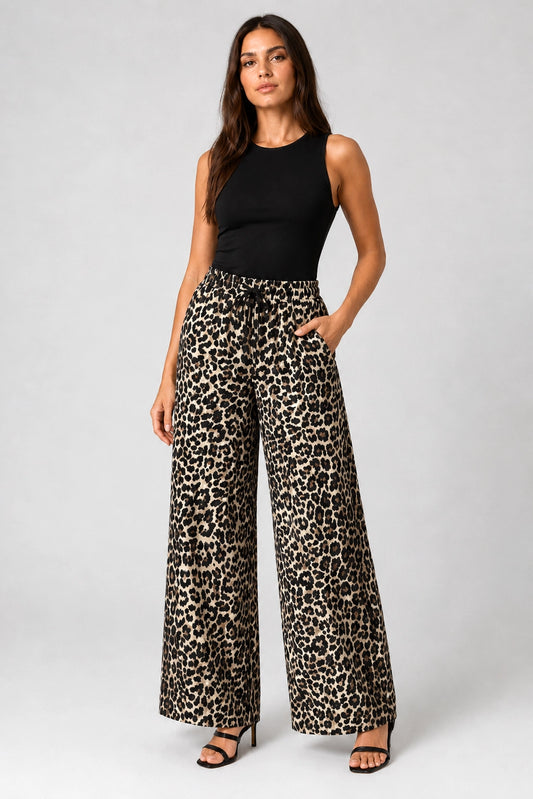 Leopard Print Wide-Leg Drawstring Pants