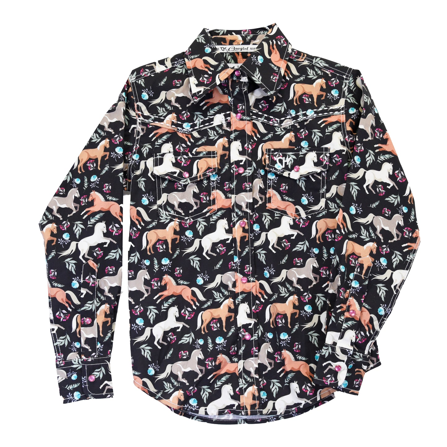 Cowgirl Hardware Girl's Horses and Flowers Patterned Shirt