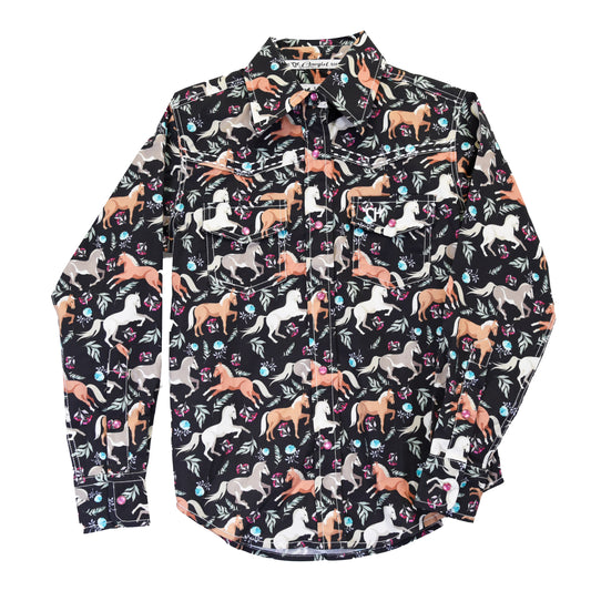 Cowgirl Hardware Girl's Horses and Flowers Patterned Shirt