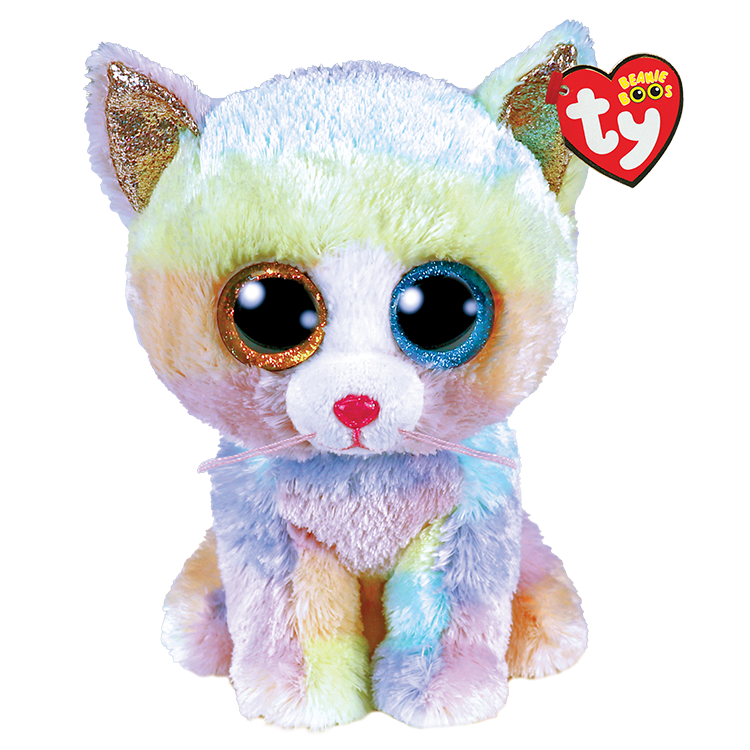 Pastel colorful plush cat toy with TY brand label on a white background
