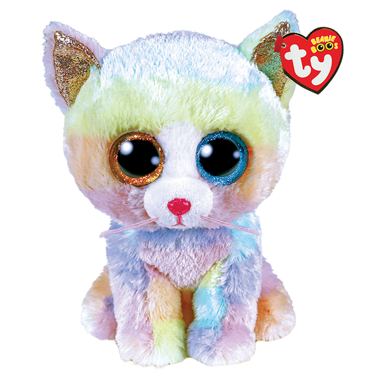 Pastel colorful plush cat toy with TY brand label on a white background