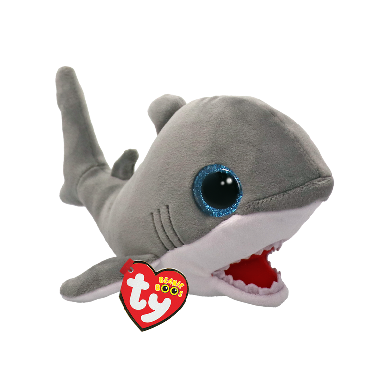 Plush shark toy with a visible Ty Beanie Boos tag on a white background