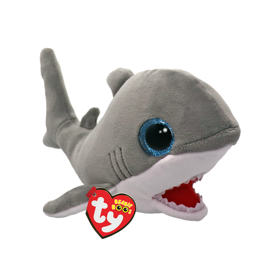 Plush shark toy with a visible Ty Beanie Boos tag on a white background