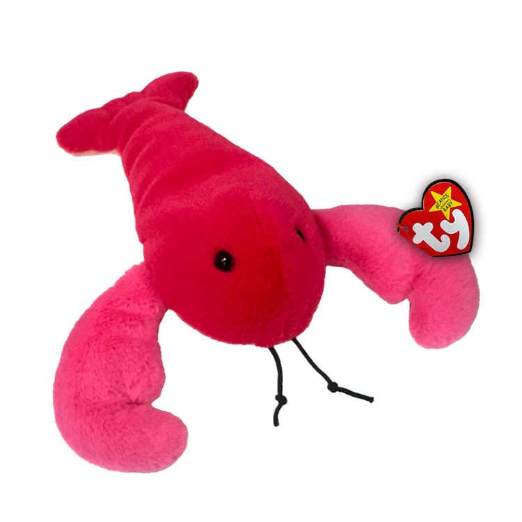 Red plush lobster toy with a Ty Beanie Baby tag on a white background