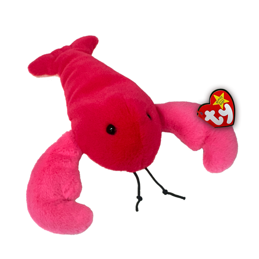 Red plush lobster toy with a Ty Beanie Baby tag on a white background