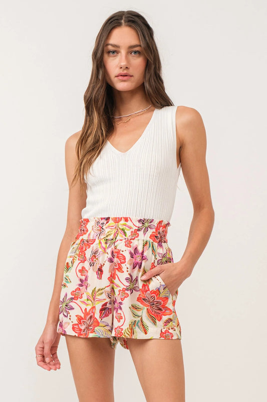 Another Love Peony V-Neck Rib White Tank