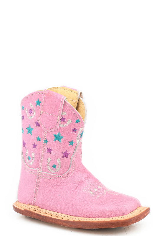 Roper Cowbabies Vintage Pink Leather Vamp Shaft Lucky Boots