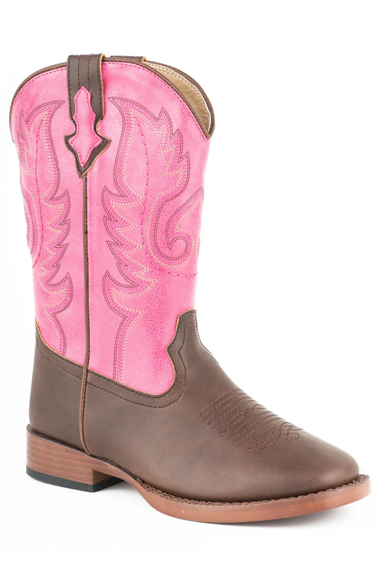 Roper Little Girls Texsis Faux Leather Brown and Pink Cowboy Boots