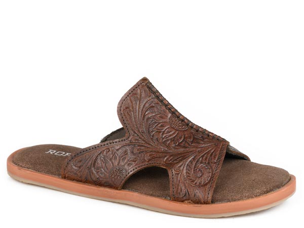 Roper Haydyn Brown Tooled Leather Slide Sandal