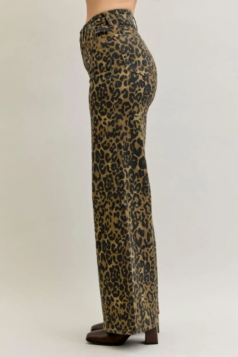 Judy Blue High Waist Retro Leopard Wide Leg Jeans