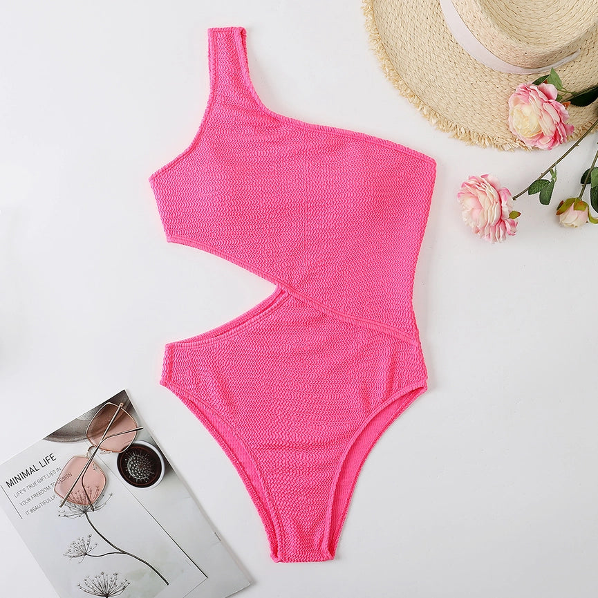 Hot Pink Wrinkle One Shoulder Waist Cut One-Piece Swimsuit