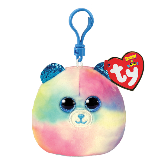 Ty Squish a Boos plush bear toy with rainbow pattern and blue clip on a white background