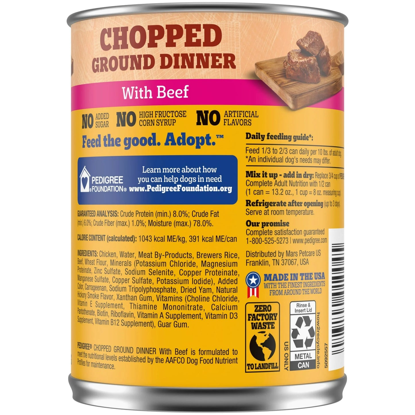Ingredient list on can of Pedigree Chopped Ground Dinner with Beef on a white background