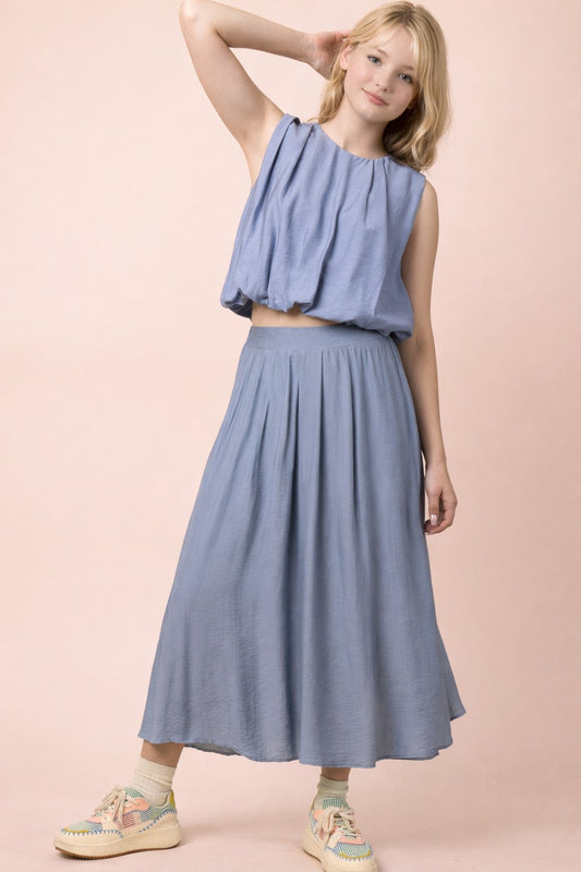 Pleated Bubble Blouse Top & Midi Skirt Set in Denim