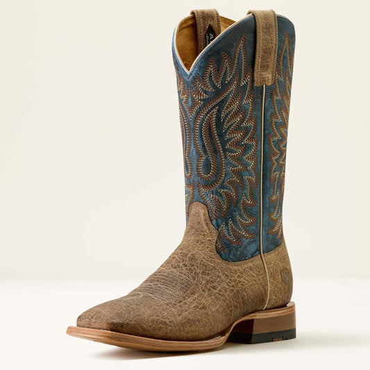 Ariat Gold Point Wide Square Toe Cowboy Boot in Earth Brown Bison/ Royal Blue