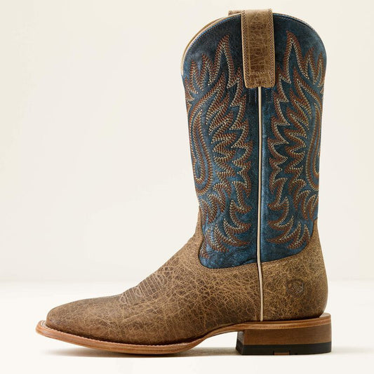 Ariat Gold Point Wide Square Toe Cowboy Boot in Earth Brown Bison/ Royal Blue