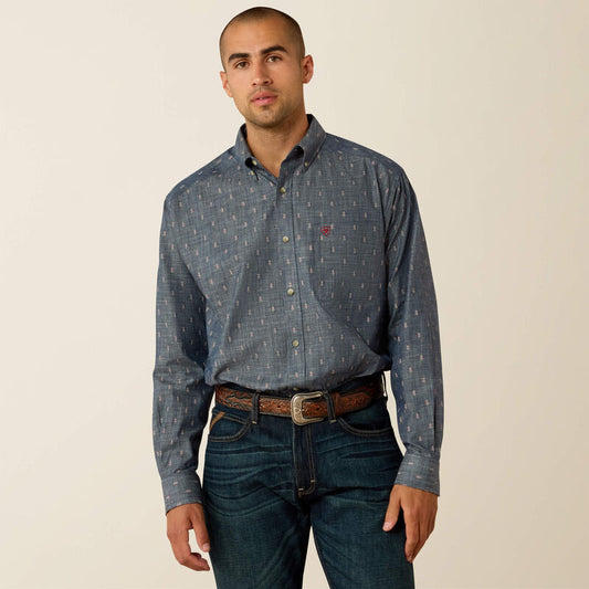 Ariat Teague Classic Fit Shirt in Chambray Blue Medallion Print/Acid Red