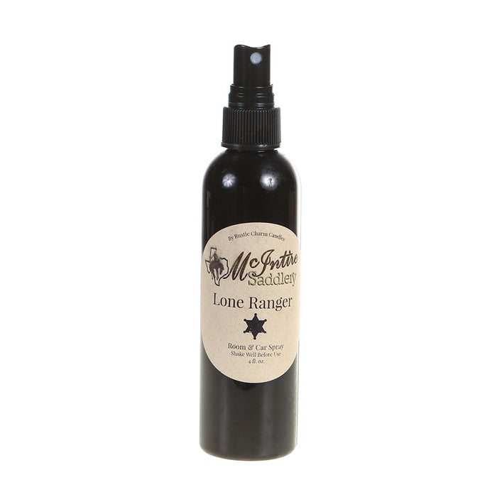 Spray bottle of McIntire Saddlery brand Lone Ranger room spray on a white background