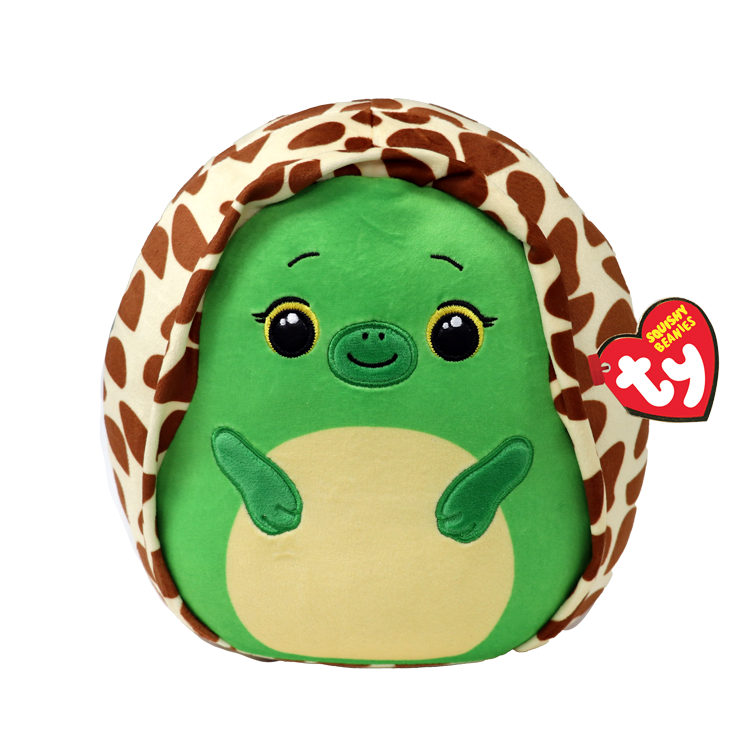 Round. plush toy turtle with a smiling face and a Ty Squishy Beanies tag on a white background