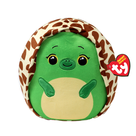Round. plush toy turtle with a smiling face and a Ty Squishy Beanies tag on a white background