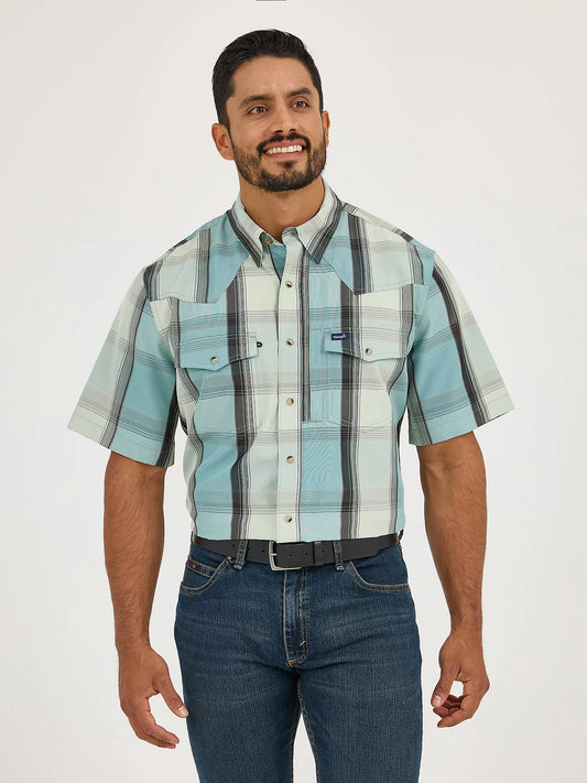 Wrangler Men's Performance Snap Short Sleeve Plaid Cloudy Blues Shirt