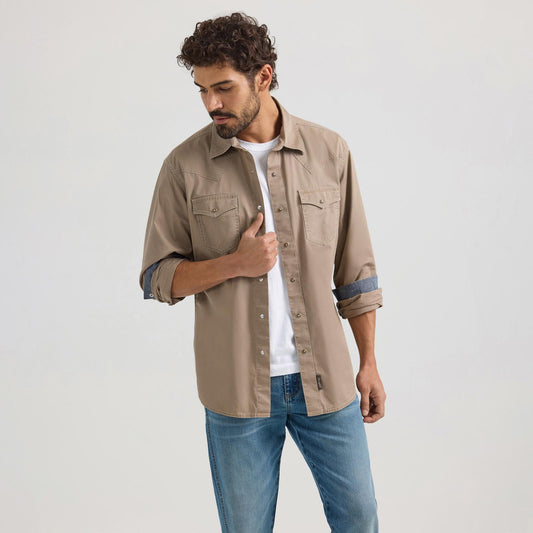 Wrangler Retro Premium Modern Fit Long Sleeve Shirt in Taupe