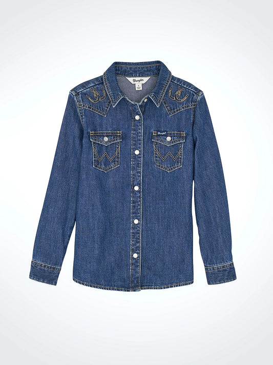 Wrangler Girl's Embroidered Western Snap Denim Shirt
