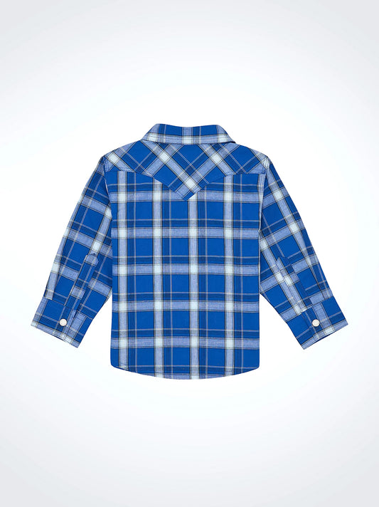 Wrangler Little Boy's Long Sleeve Plaid Western Snap Shirt in True Blue