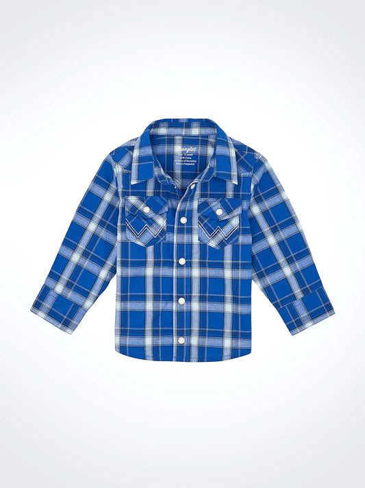 Wrangler Little Boy's Long Sleeve Plaid Western Snap Shirt in True Blue