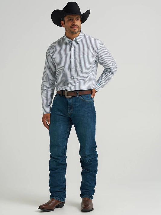 Wrangler Cody Johnson One Pocket Button Down Shirt in Blue Shadow Stripe