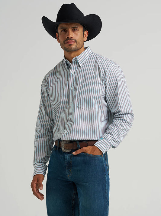 Wrangler Cody Johnson One Pocket Button Down Shirt in Blue Shadow Stripe