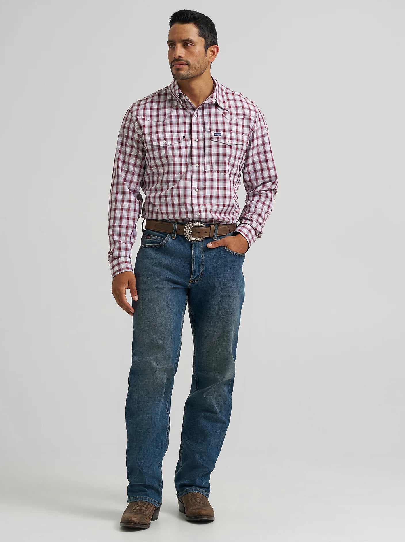 Wrangler Performance Snap Long Sleeve Plaid Shirt in Pinot Red