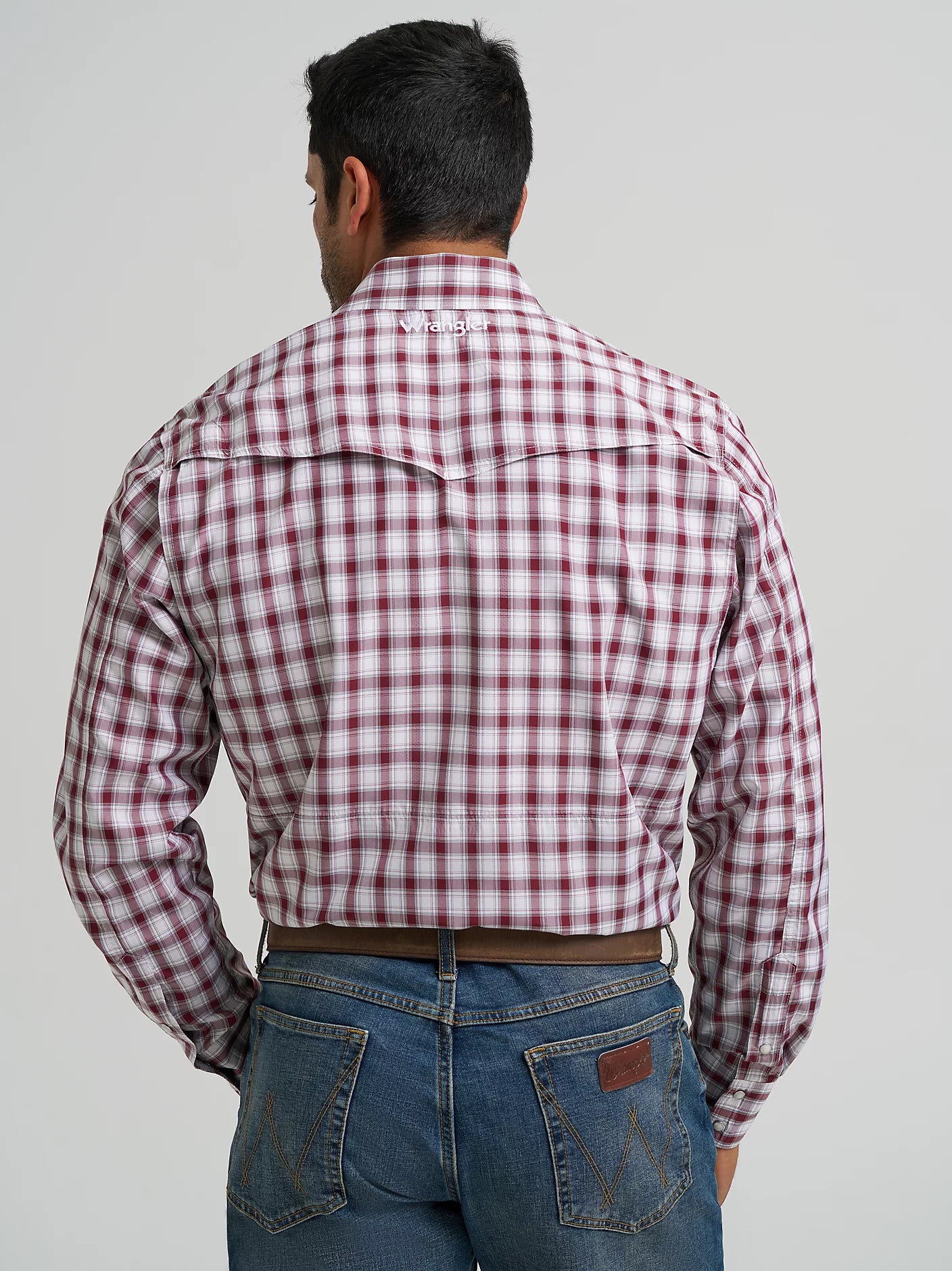 Wrangler Performance Snap Long Sleeve Plaid Shirt in Pinot Red