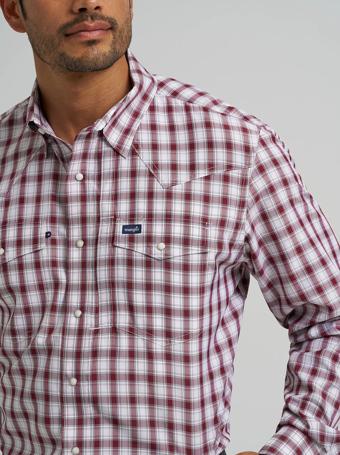 Wrangler Performance Snap Long Sleeve Plaid Shirt in Pinot Red
