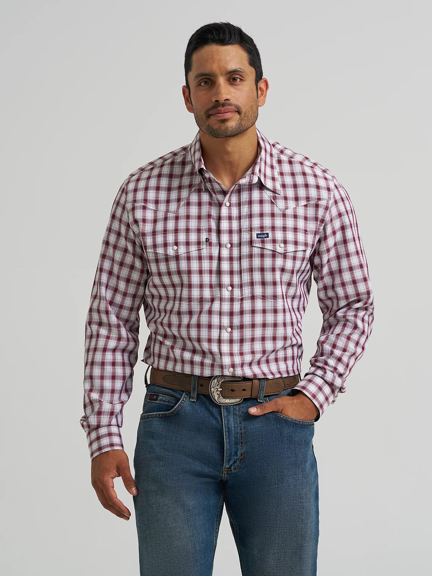 Wrangler Performance Snap Long Sleeve Plaid Shirt in Pinot Red