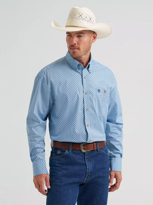 Wrangler George Strait Long Sleeve Button Down One Pocket Shirt in Baby Blue Cross