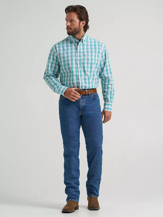 Wrangler George Strait Long Sleeve Button Down One Pocket Shirt in Aqua Madras