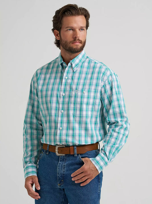 Wrangler George Strait Long Sleeve Button Down One Pocket Shirt in Aqua Madras