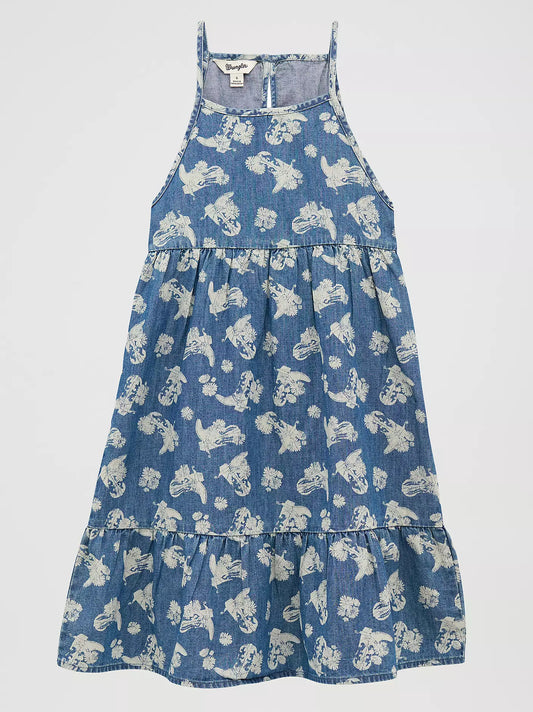 Wrangler Girl's Sleeveless Floral Blue Printed Denim Swing Dress