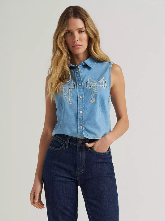 Wrangler Women's Saddle Embroidered Denim Sleeveless Snap Shirt