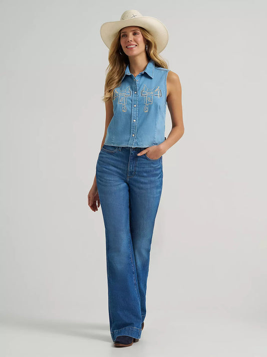 Wrangler Women's Saddle Embroidered Denim Sleeveless Snap Shirt