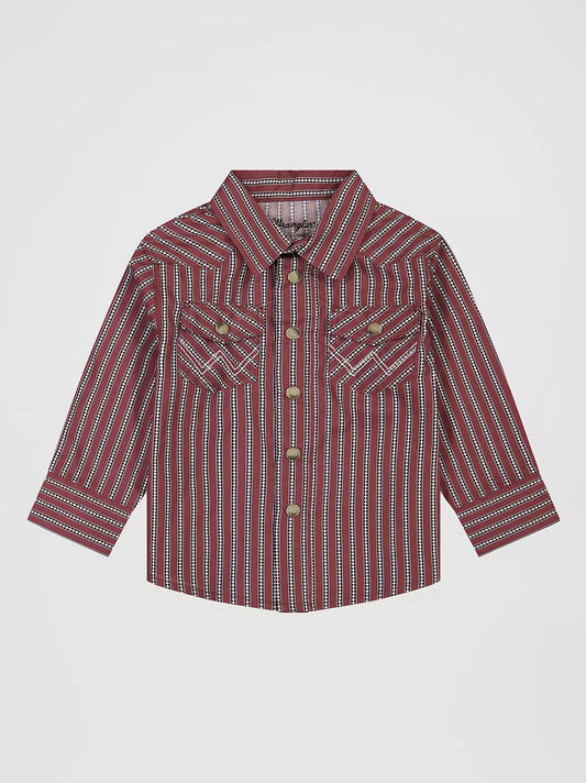 Wrangler Little Boy's Long Sleeve Print Western Snap Shirt in Red Stripes