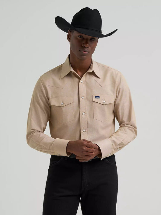 Wrangler Cowboy Cut® Long Sleeve Western Snap Chambray Work Shirt in Khaki