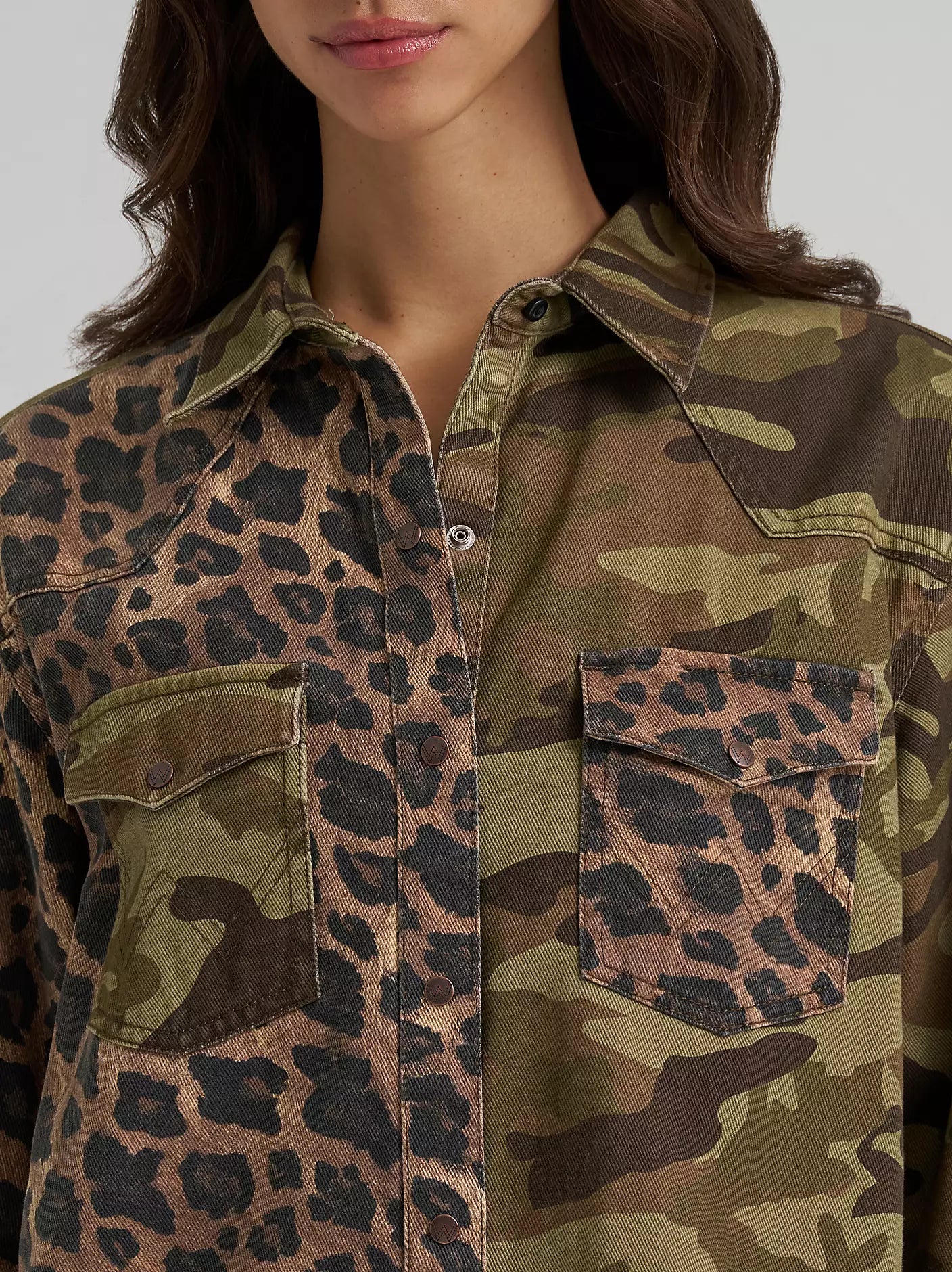 Wrangler Camo Leopard Boyfriend Western Snap Shirt