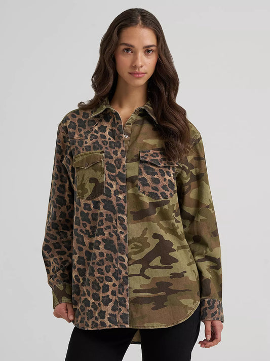 Wrangler Camo Leopard Boyfriend Western Snap Shirt